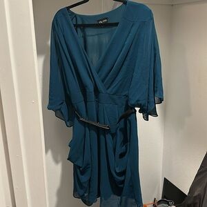 City Chic Blue Drape Midi Dress with Gold Belt Detail Size 20